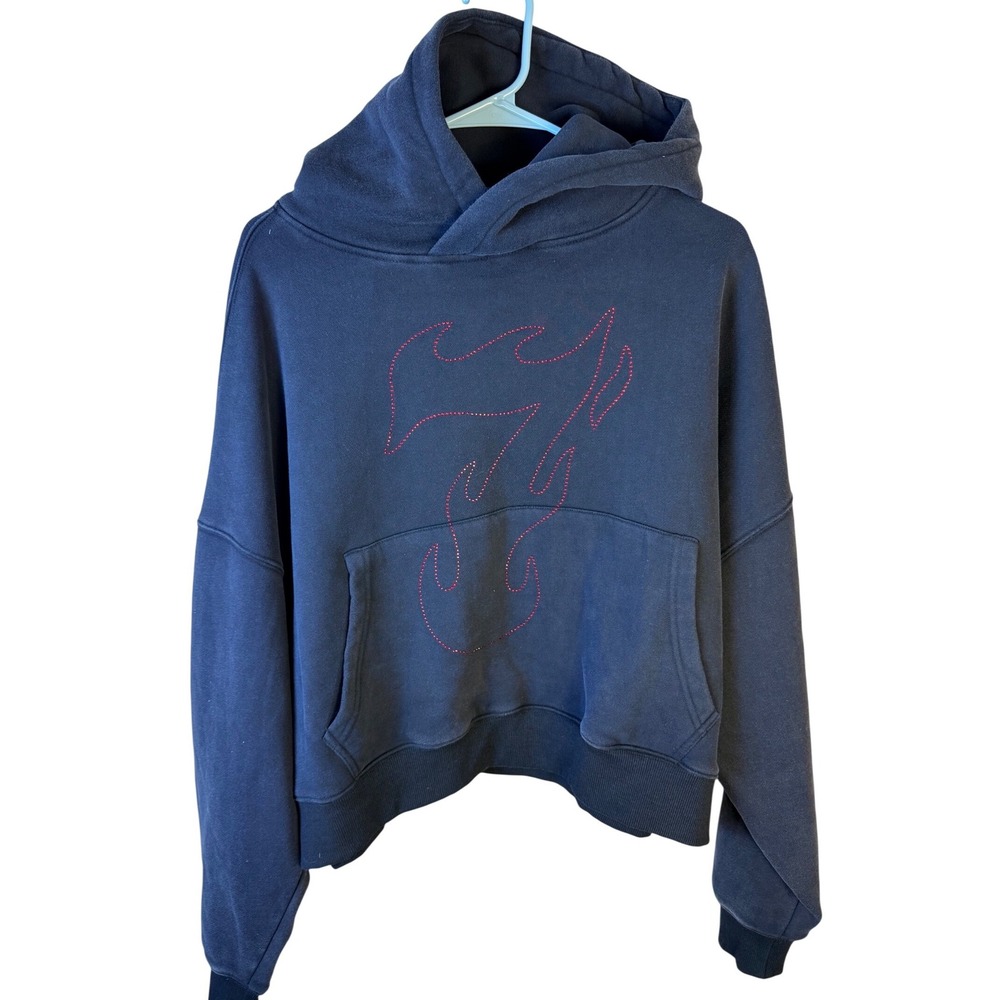 PacSun Starbourne Rhinestone Flame Cropped Hoodie Faded Black Small